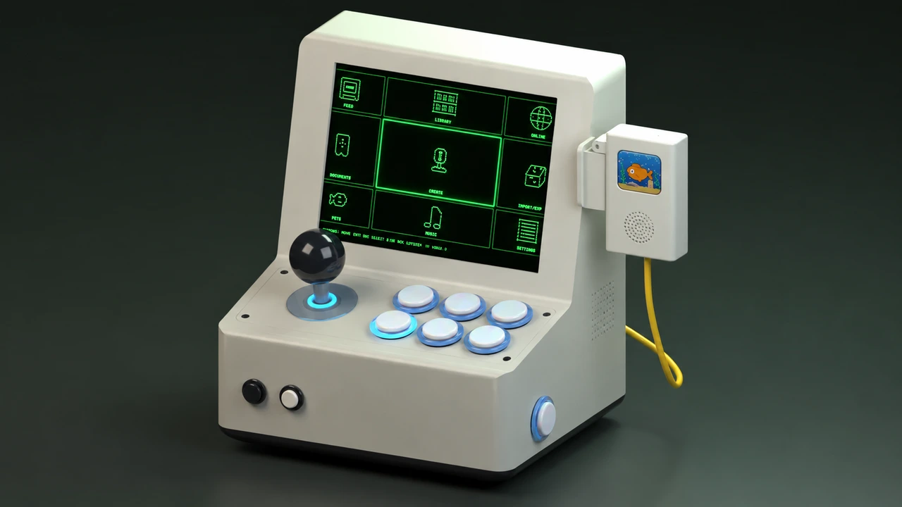 VibeConsole arcade with glowing controls and companion microphone.